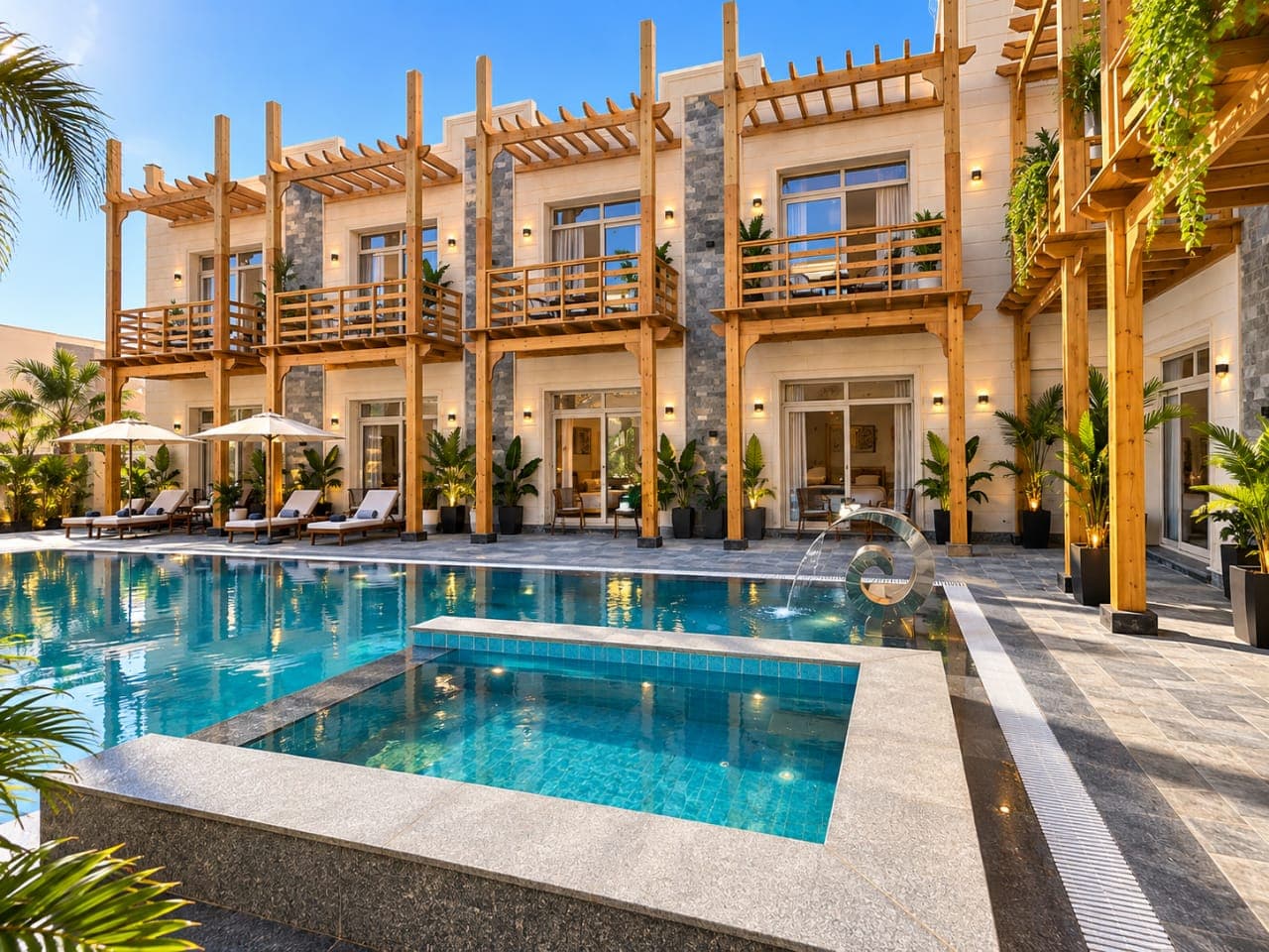 Horizon Dahab pool courtyard with the hotel rooms and fountain