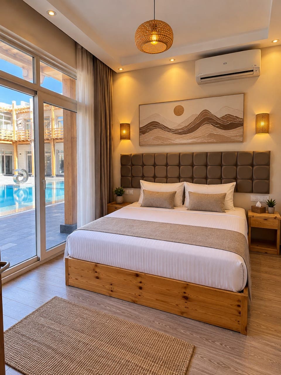 Double bed guest room opening toward the pool courtyard